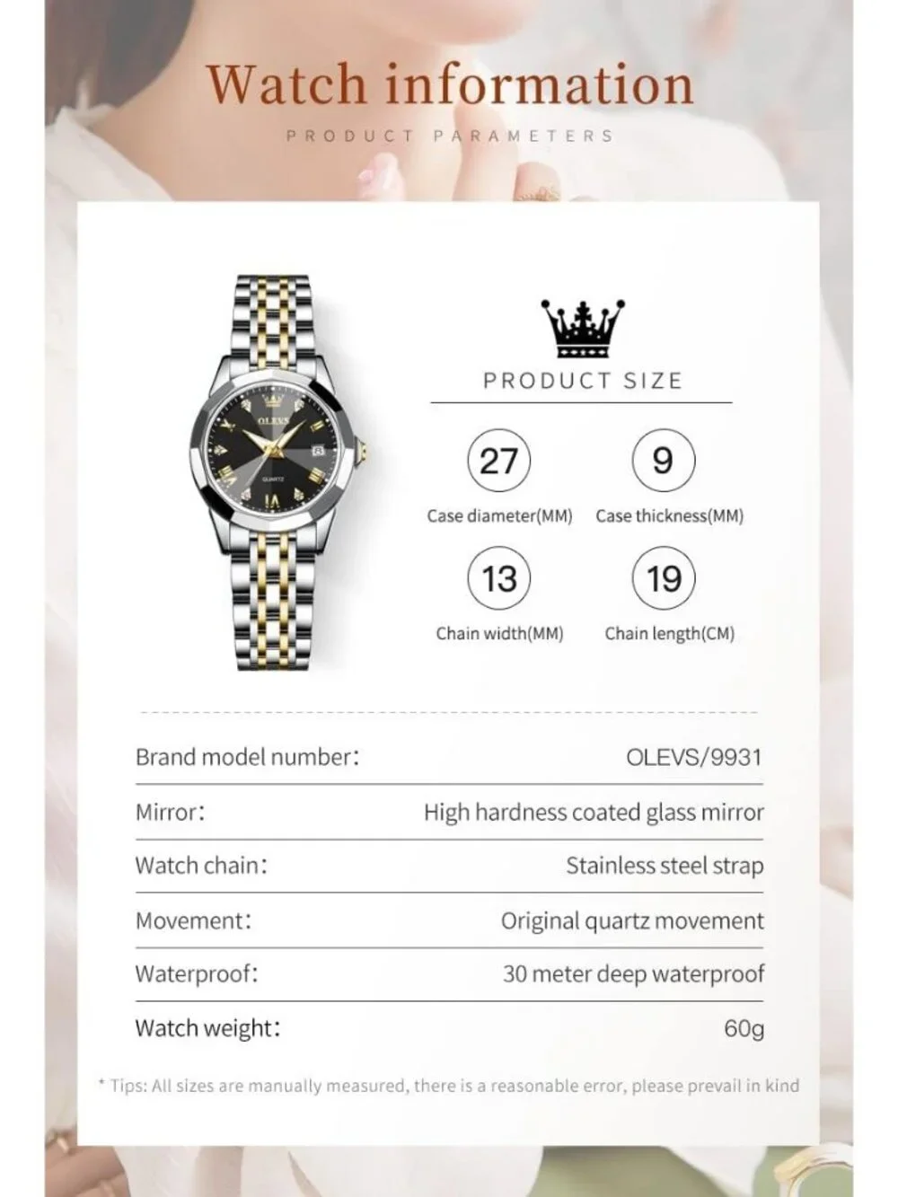 Women's Black Gold Silver Diamond Analog Stainless Steel Waterproof Wrist Watch